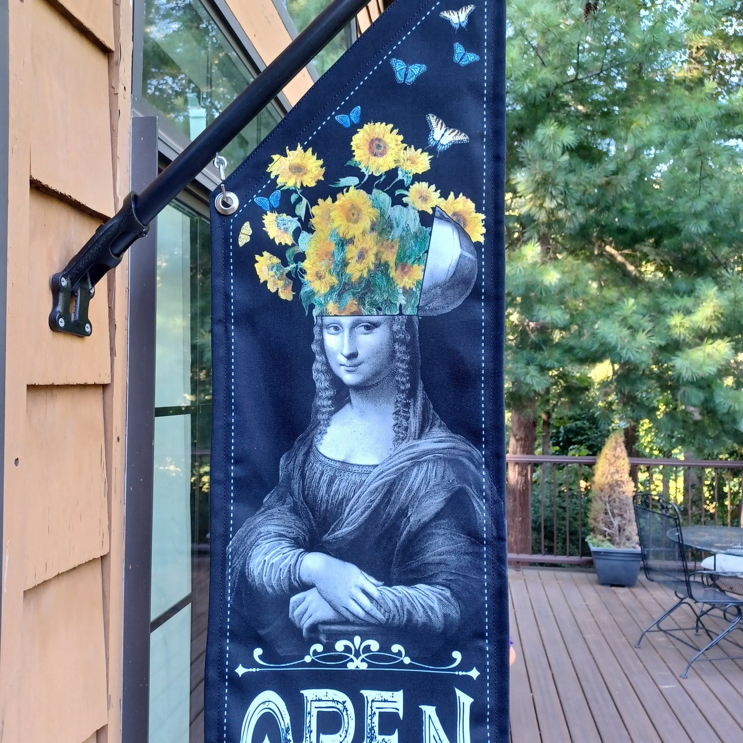 MONA LISA Sunflower OPEN flag * double sided * heavy weight canvas * handmade pole & bracket *  printed on both sides