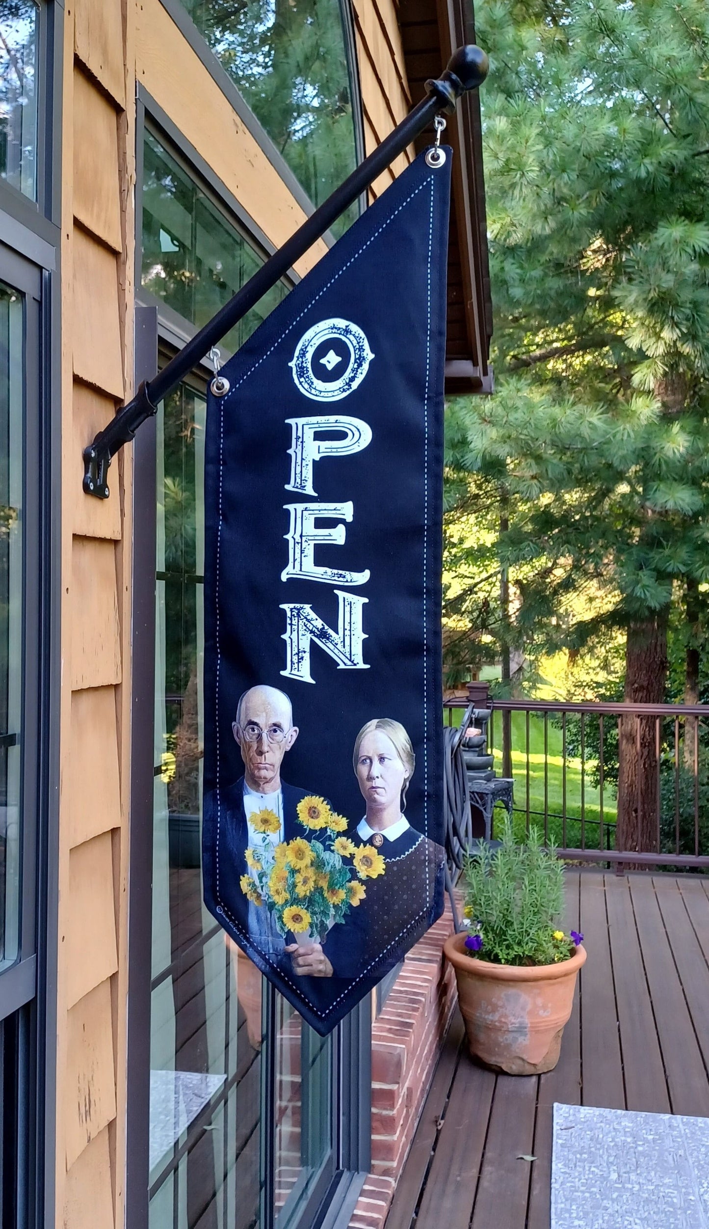 AMERICAN GOTHIC OPEN Flag with Sunflowers * double sided * heavy weight canvas * handmade pole & bracket *  printed on both sides