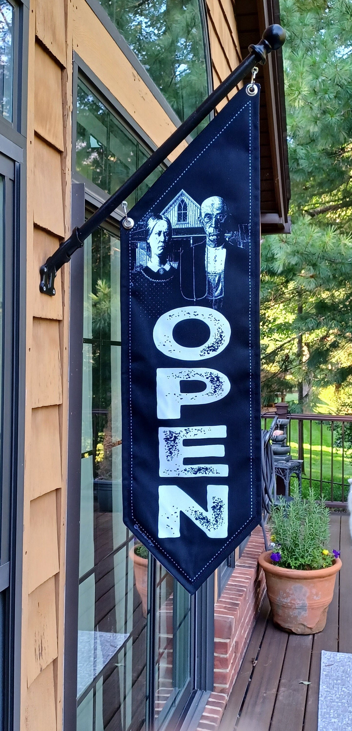 AMERICAN GOTHIC OPEN Flag * double sided * heavy weight canvas * handmade pole & bracket *  printed on both sides *