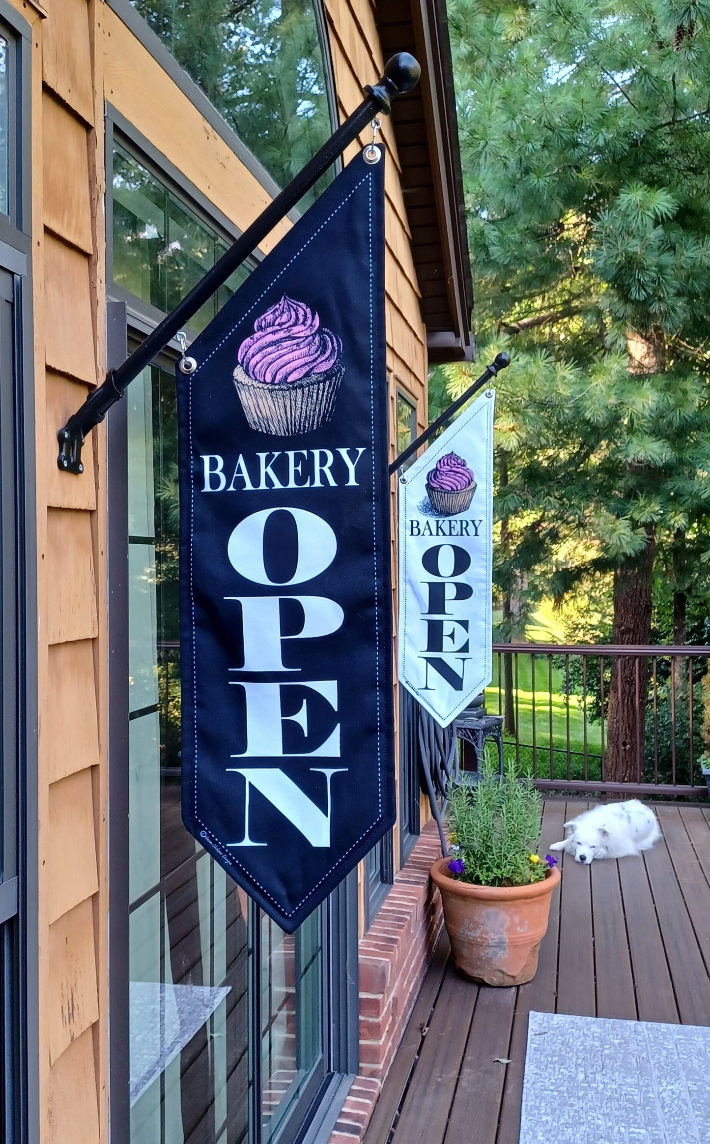 BAKERY CUPCAKE OPEN Flag * double sided * heavy weight canvas * handmade pole & bracket included * cupcake