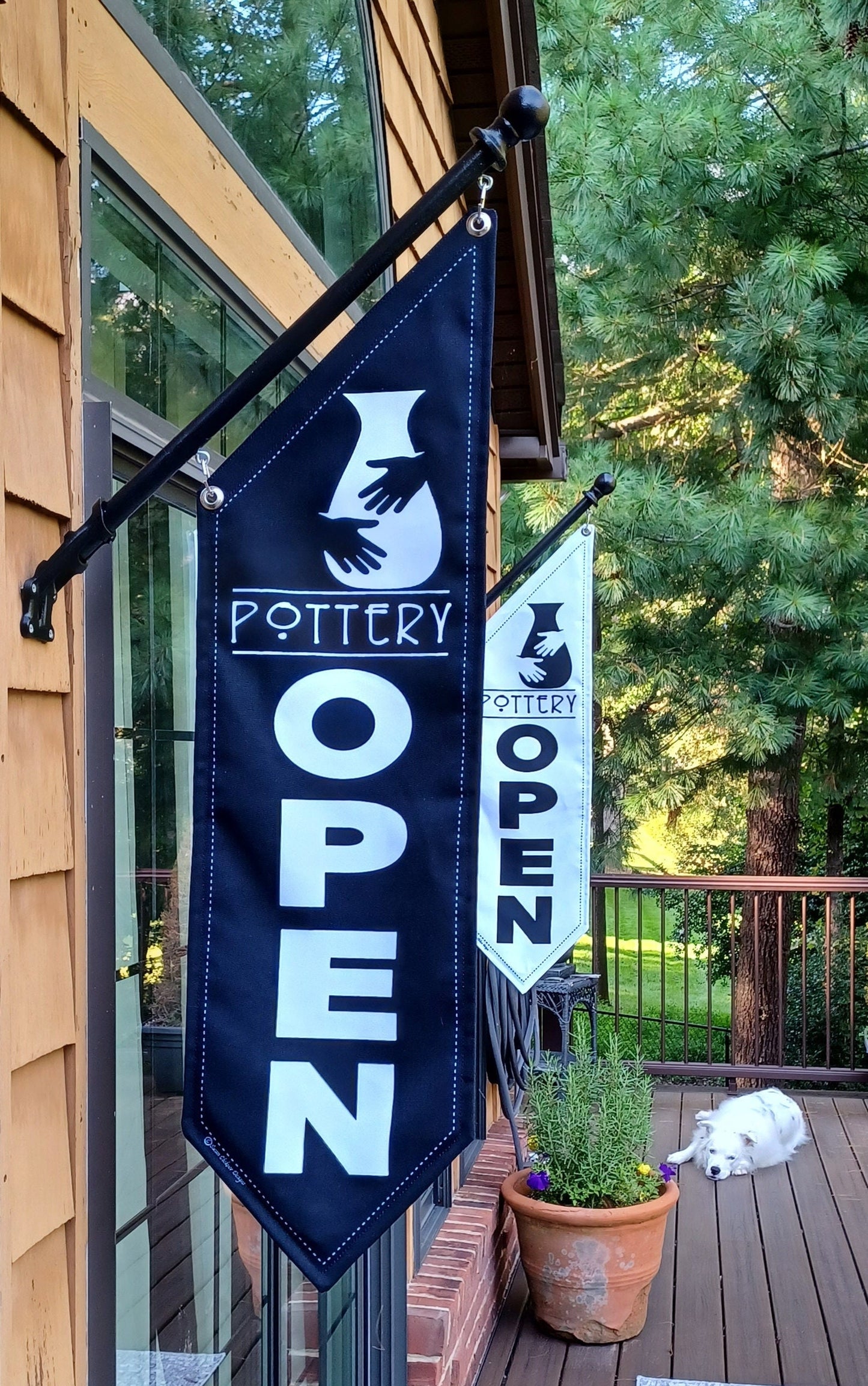 POTTERY OPEN FLAG * double sided * heavy weight canvas * handmade pole & bracket included *