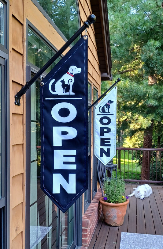 PETS OPEN FLAG * double sided * heavy weight canvas * handmade pole & bracket included *