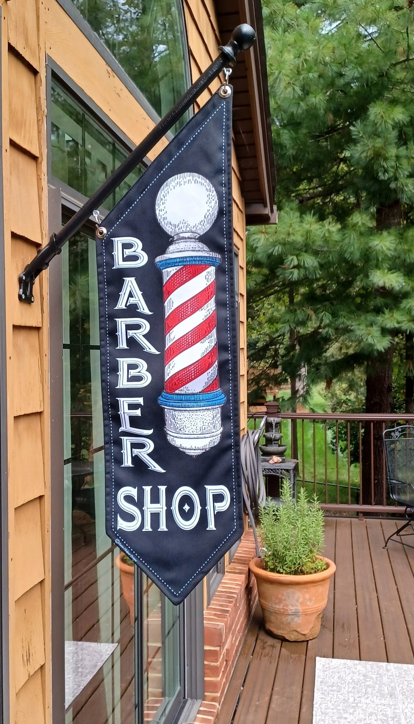 BARBER SHOP OPEN flags  * Four designs to choose from * double sided * heavy weight canvas * handmade pole & bracket included