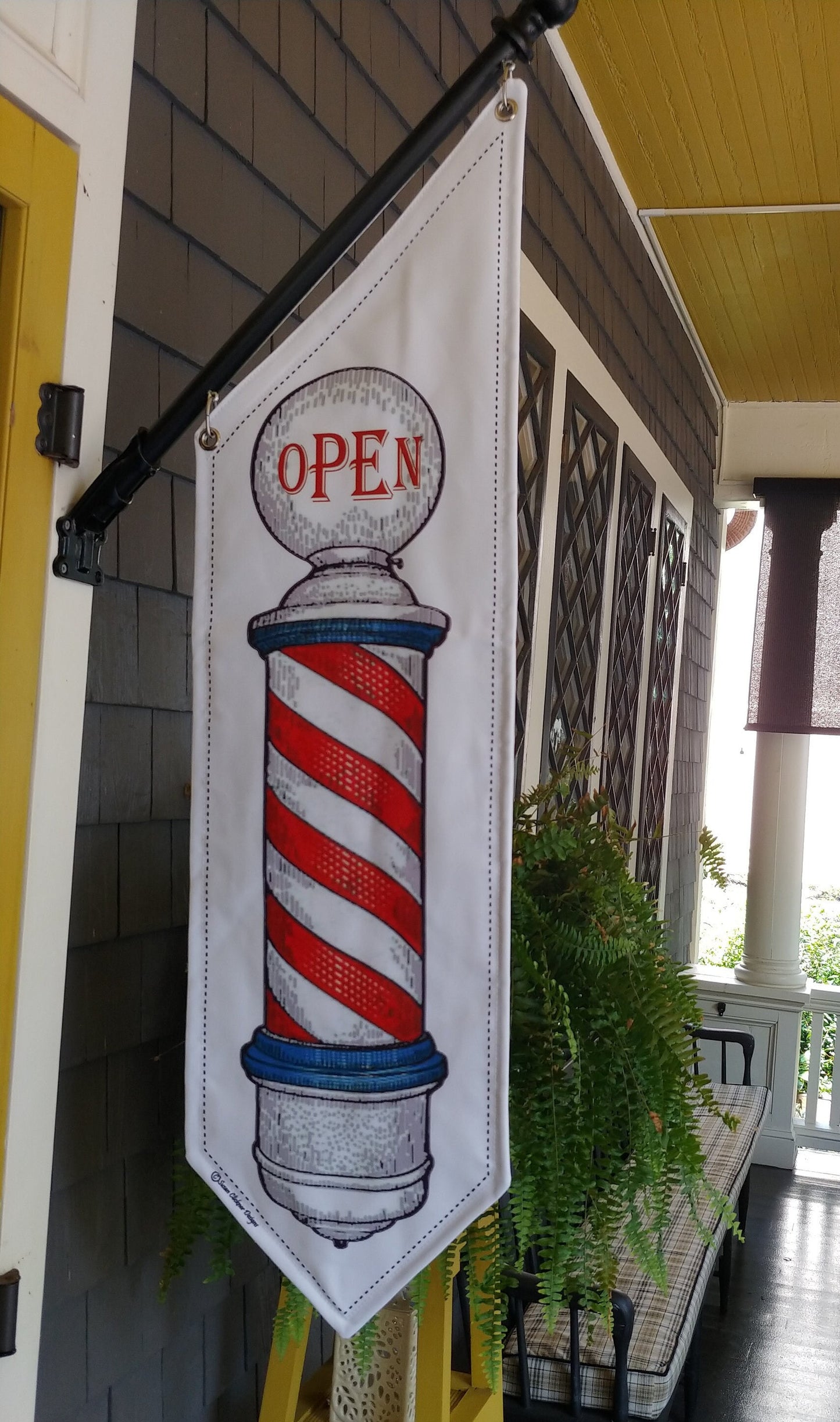 BARBER SHOP OPEN flags  * Four designs to choose from * double sided * heavy weight canvas * handmade pole & bracket included