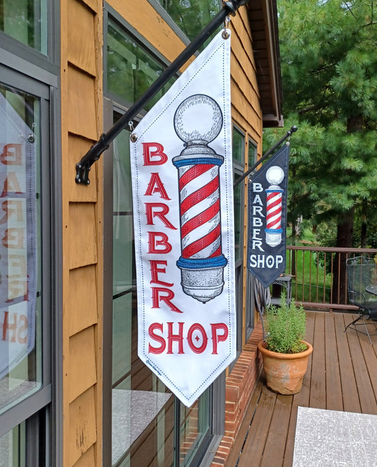 BARBER SHOP OPEN flags  * Four designs to choose from * double sided * heavy weight canvas * handmade pole & bracket included