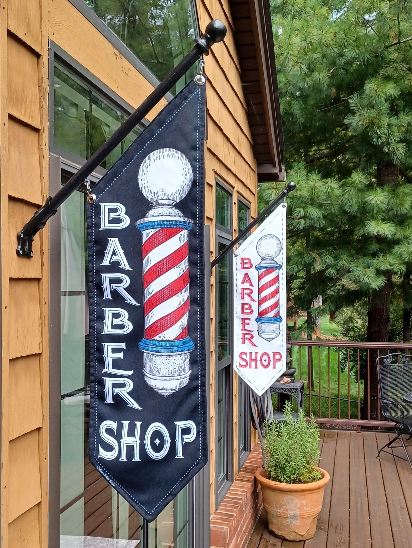 BARBER SHOP OPEN flags  * Four designs to choose from * double sided * heavy weight canvas * handmade pole & bracket included