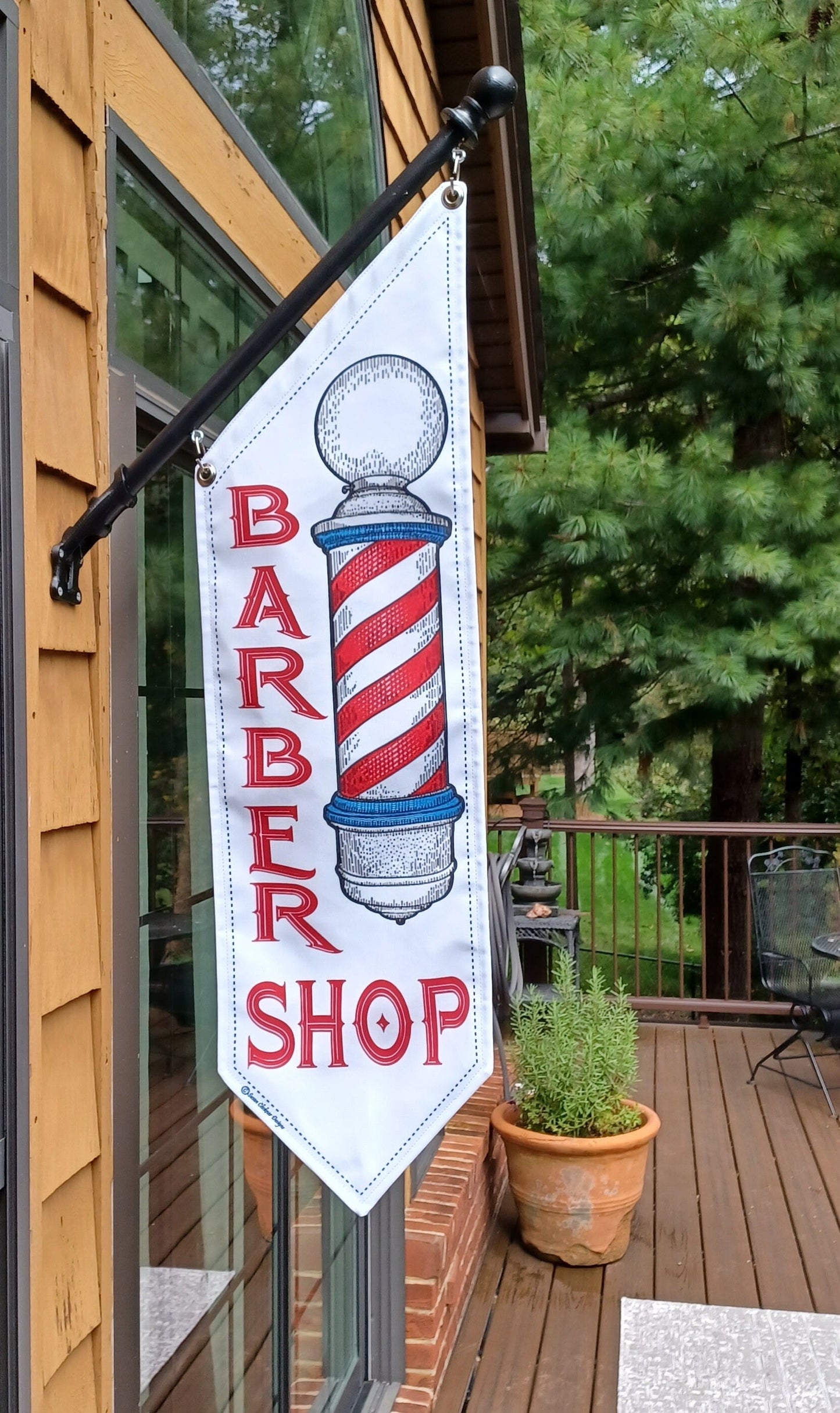 BARBER SHOP OPEN flags  * Four designs to choose from * double sided * heavy weight canvas * handmade pole & bracket included